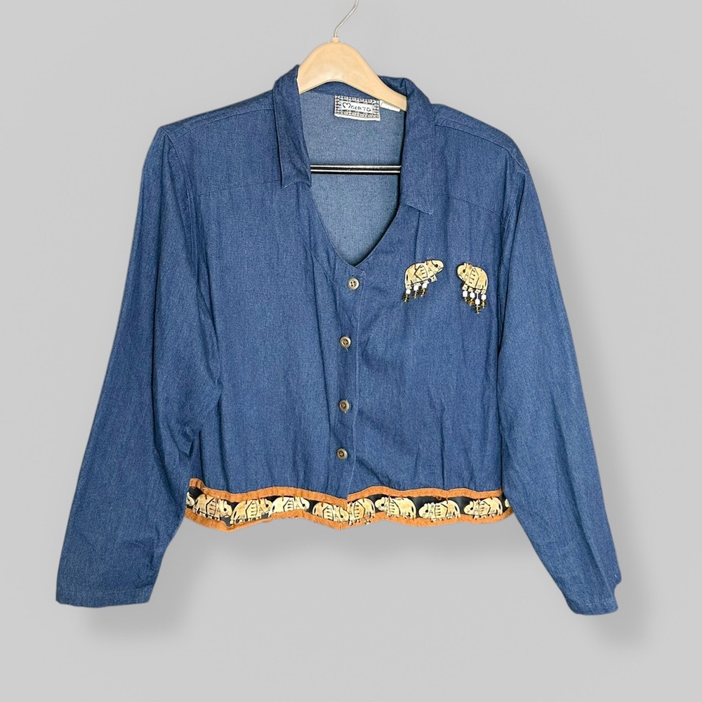 Vintage Molato Size 1X African Blue Button Jean Jacket w/ Elephant Bones Travel
